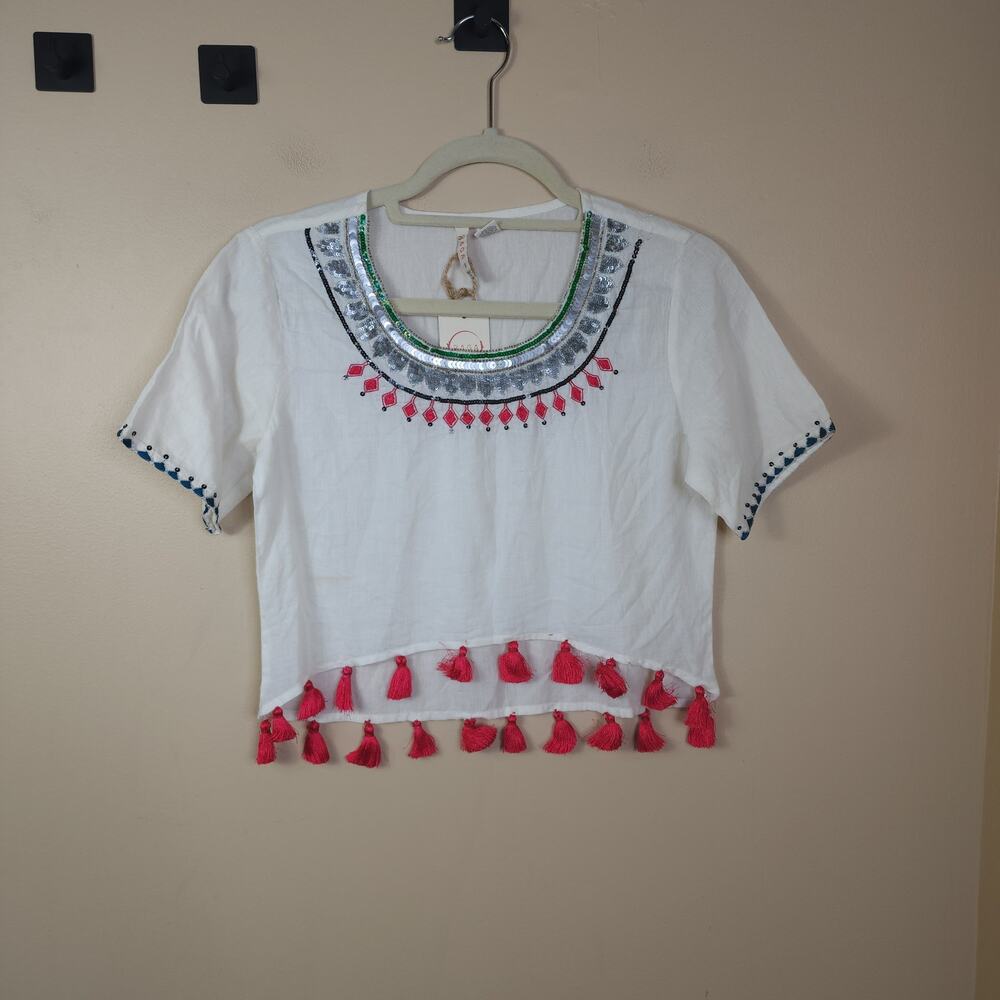 Raga Beaded Tassel Crop Top in Ivory Size S